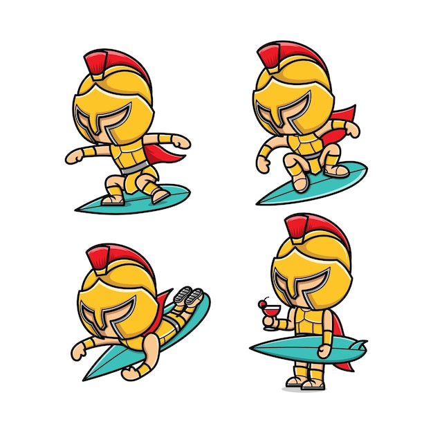 cute cartoon gladiator playing surfing