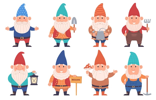 Vector cute cartoon gnomes fabulous little characters beautiful garden decorations