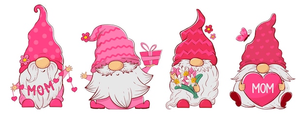 Cute cartoon gnomes with gifts and flowers for valentine39s day and mother39s day