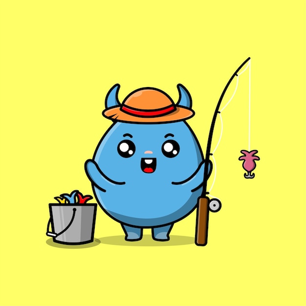 Cute cartoon goblin monster ready fishing wearing fishing equipment cartoon character