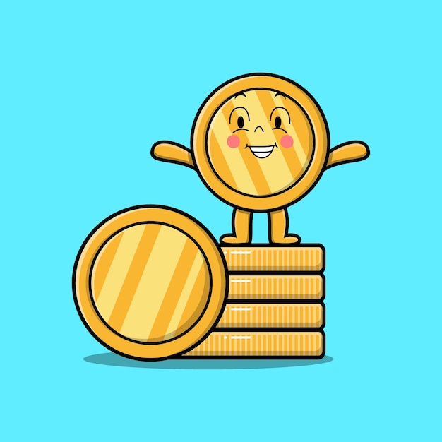 Cute cartoon gold coin character holding in stacked gold coin vector illustration