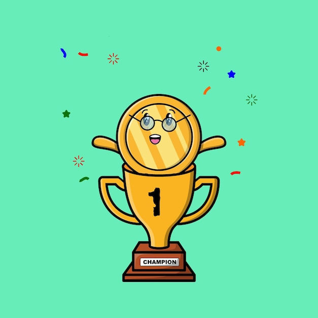 Cute cartoon gold coin character in trophy