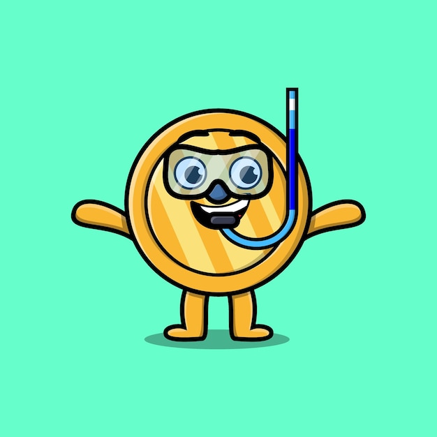 Cute cartoon gold coin diver with swimming glass in 3d modern style design