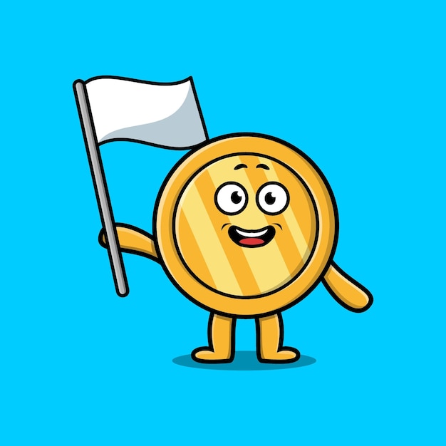 Cute cartoon Gold coin mascot character with white flag in modern design