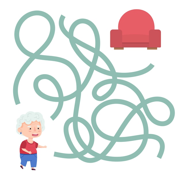 Cute cartoon grandmother maze game. Labyrinth. Funny game for children education. Vector illustration