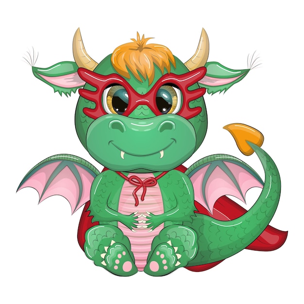 Vector cute cartoon green baby dragon in a red cape super hero savior symbol of 2024 according to the chinese calendar mythical reptile monster