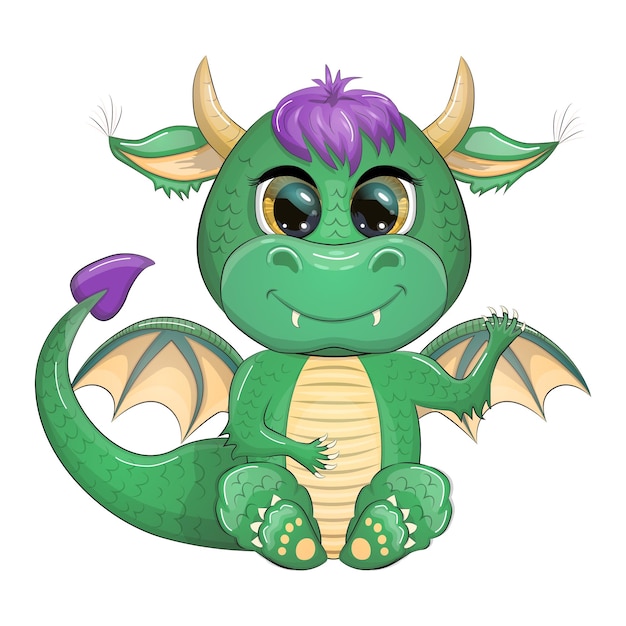 Cute cartoon green baby dragon with horns and wings Symbol of 2024 according to the Chinese calendar Funny mythical monster reptile