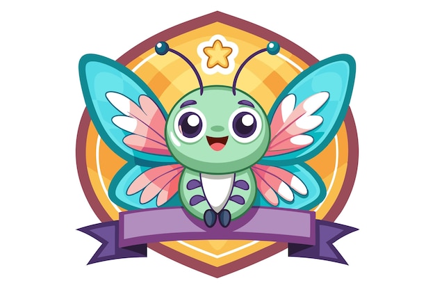 Cute Cartoon Green Butterfly with Pink and Blue Wings