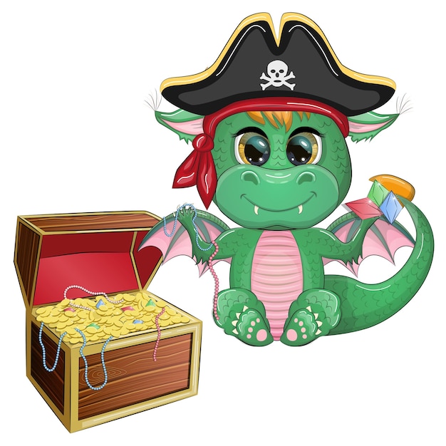 Cute cartoon green dragon pirate in a cocked hat Symbol of 2024 according to the Chinese calendar