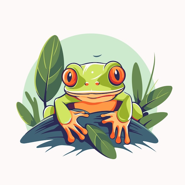 Vector cute cartoon green frog sitting on a branch vector illustration