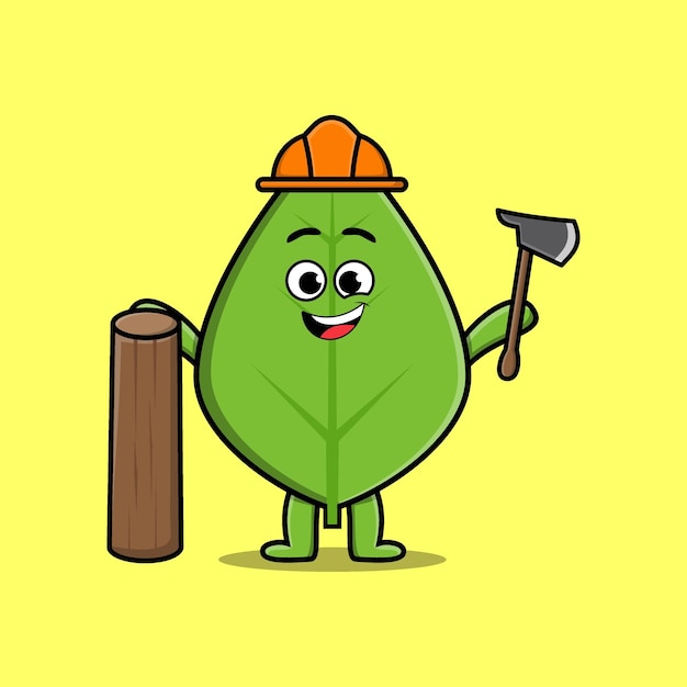 Cute cartoon green leaf carpenter with ax and wood