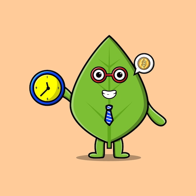 Cute cartoon green leaf character holding clock