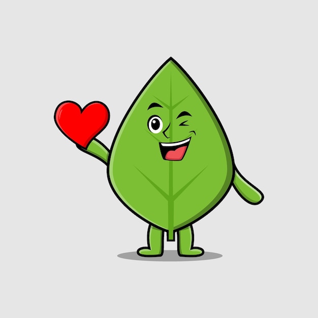 Cute cartoon green leaf holding big red heart