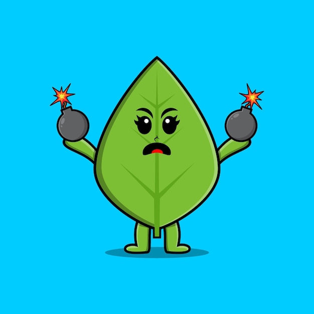 Cute cartoon green leaf holding bomb