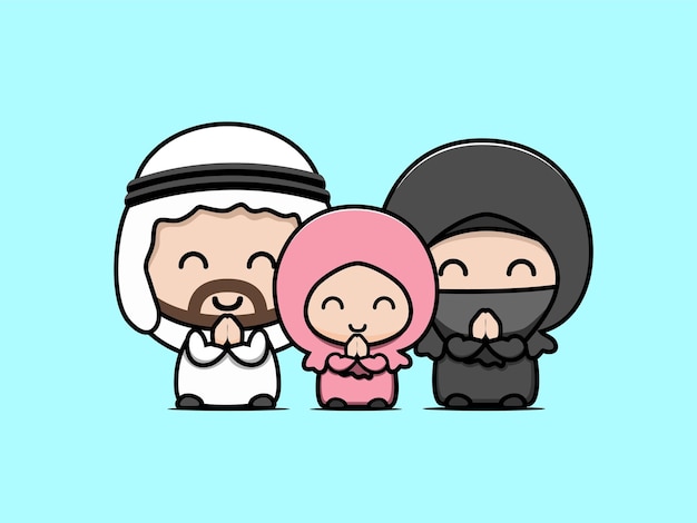 Cute cartoon greetings from happy muslim family