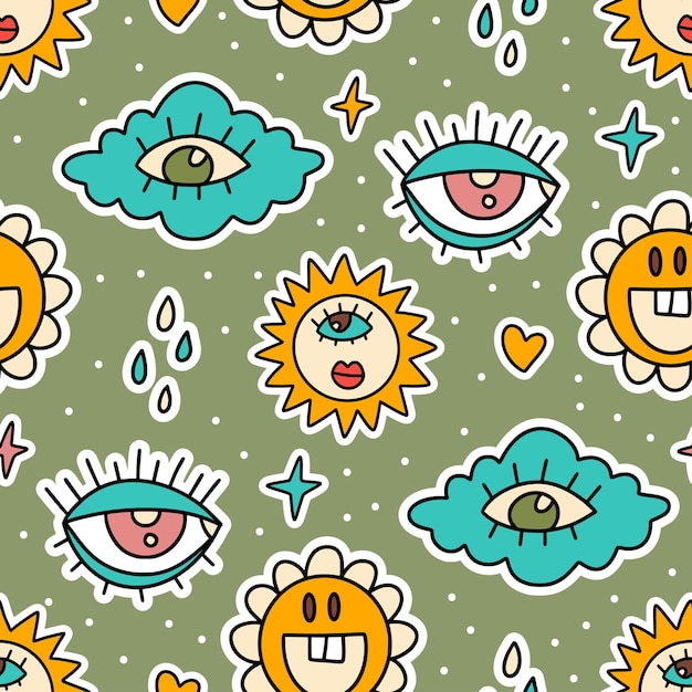 Cute cartoon groovy sticker vector seamless pattern Hippie retro illustration