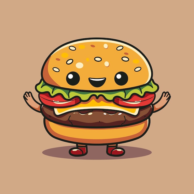 Vector cute cartoon hamburger with a cheerful expression and open arms