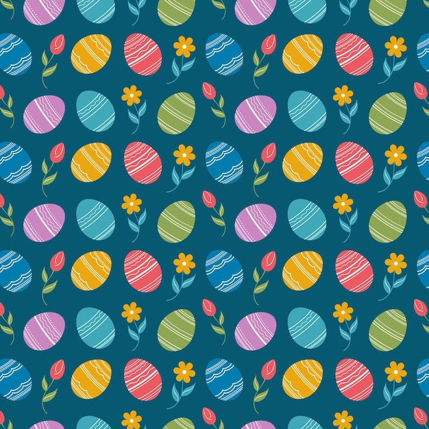 Cute cartoon hand drawn vector Happy Easter holiday seamless pattern colorful decorated Easter eggs