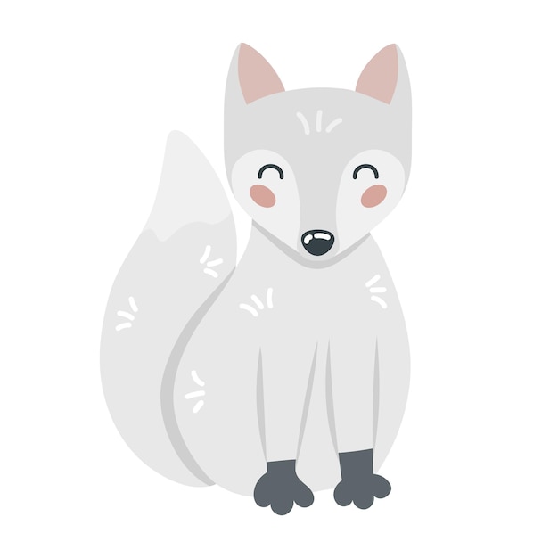 Cute cartoon hand drawn white arctic fox on isolated white background