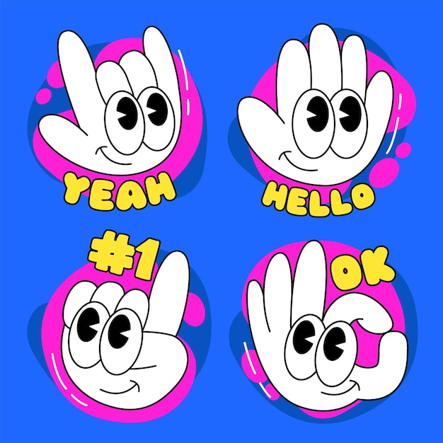 Cute cartoon hands character in retro style