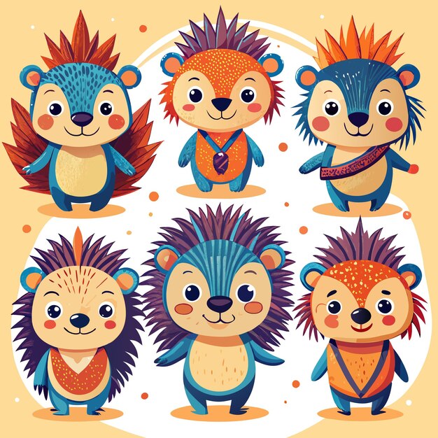 Vector cute cartoon hedgehogs with colorful spikes and cheerful expressions