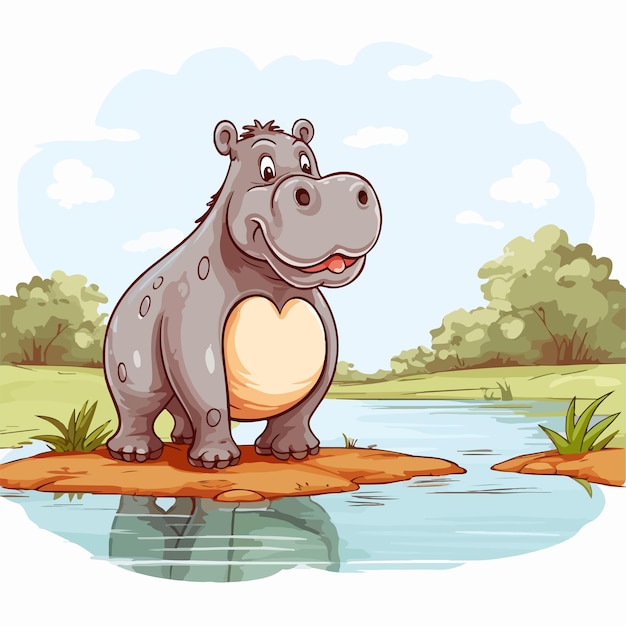 Cute Cartoon Hippo Standing by Water Pond