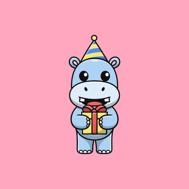 Cute cartoon hippopotamus carrying a gift box