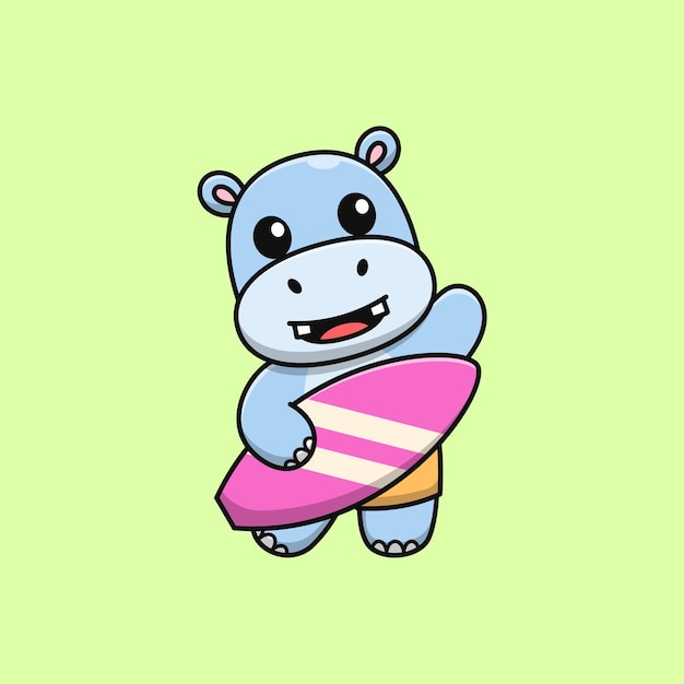 Cute cartoon hippopotamus carrying a surfboard