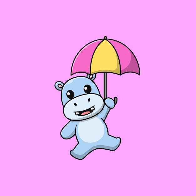 Cute cartoon hippopotamus flying with umbrella