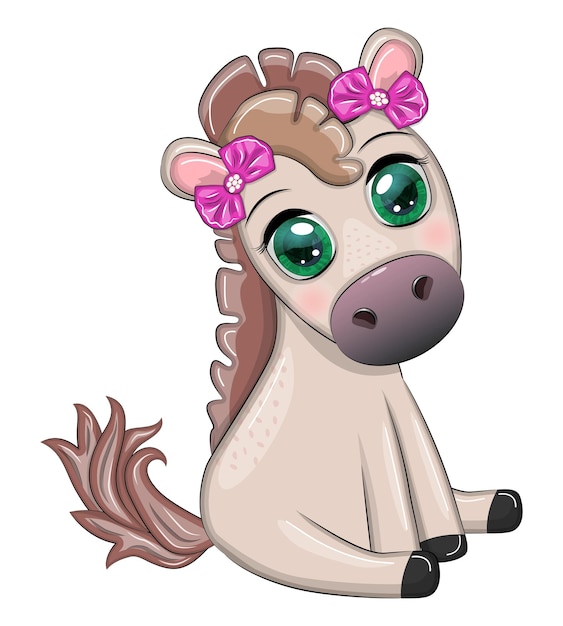 Cute cartoon horse pony for card with flowers balloons heart