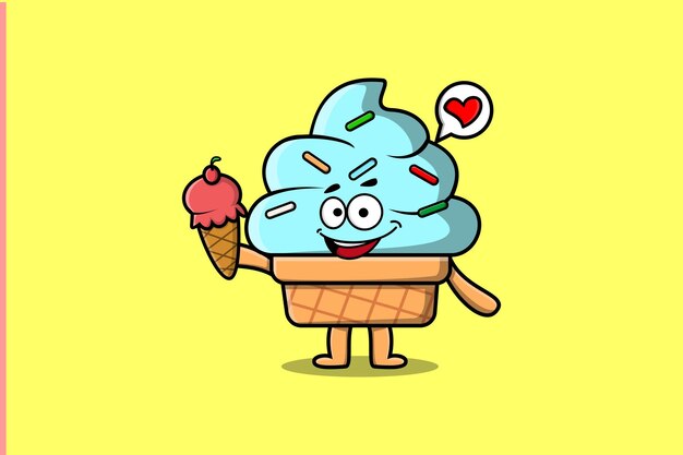 Vector cute cartoon ice cream character holding ice cream cone in modern cute style illustration