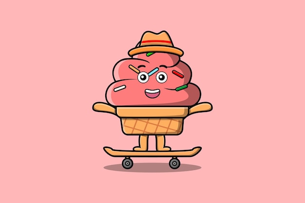 cute cartoon Ice cream standing on skateboard with cartoon vector illustration style