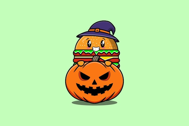 Cute cartoon illustration burger character hiding in the scary pumpkin halloween