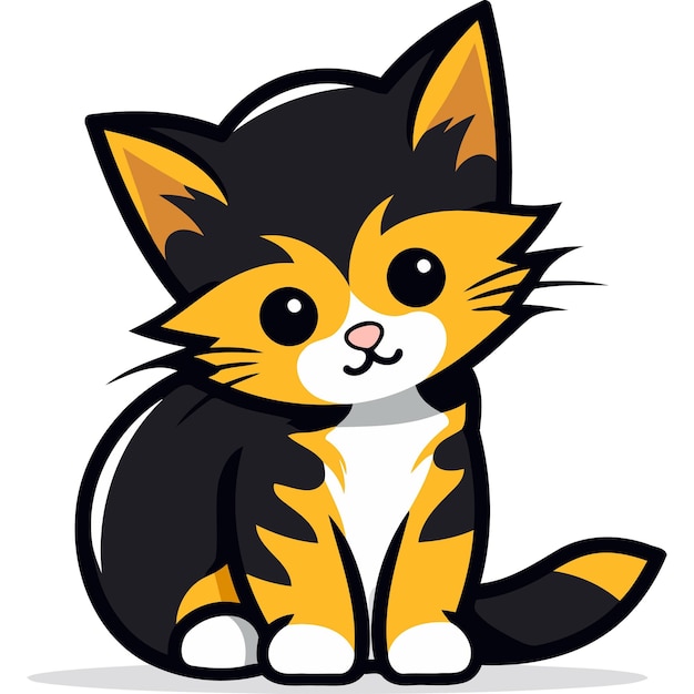 Vector cute cartoon illustration of a calico cat with big eyes sitting and looking up