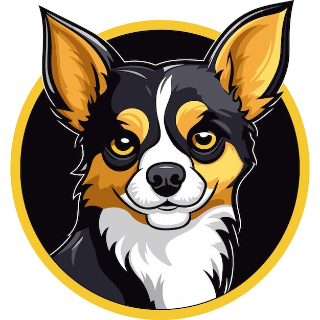 A cute cartoon illustration of a chihuahua with a black white and brown coat in a circular frame