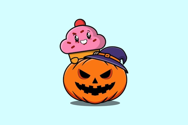 Cute cartoon illustration cupcake character hiding in the scary pumpkin halloween