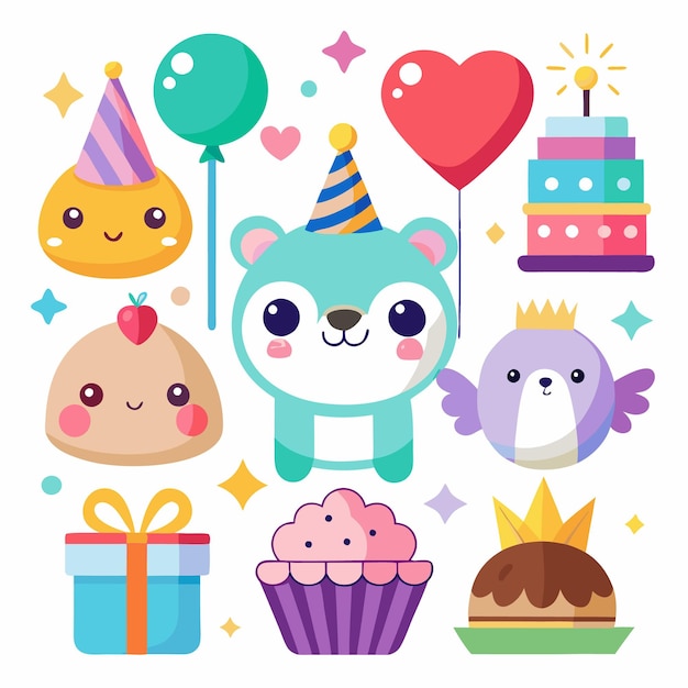 Vector a cute cartoon illustration featuring a bear wearing a party hat a cupcake a cake a gift a balloon and other festive items