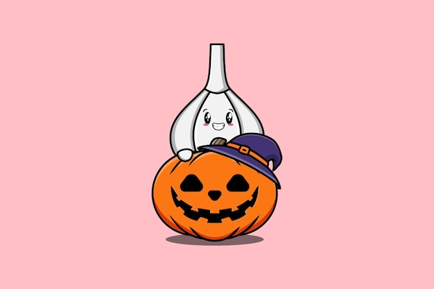 Cute cartoon illustration garlic character hiding in the scary pumpkin halloween