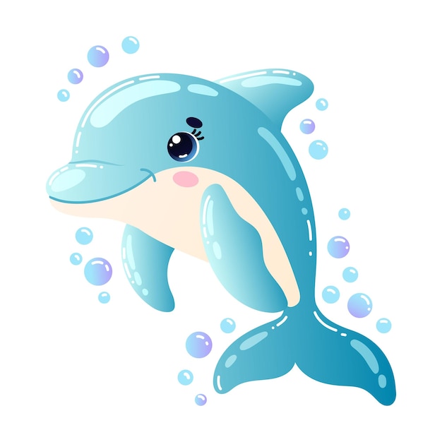 Vector cute cartoon illustration of a happy baby dolphin swimming with bubbles vector clip art