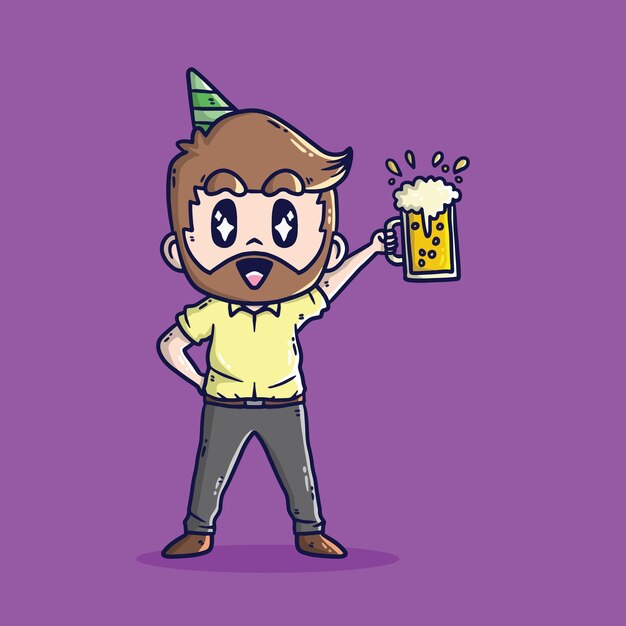 Cute cartoon illustration of Happy man holding cold beer in New Year Eve Party