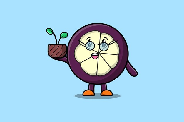 Cute cartoon illustration Mangosteen holding plant in a pot flat modern style design