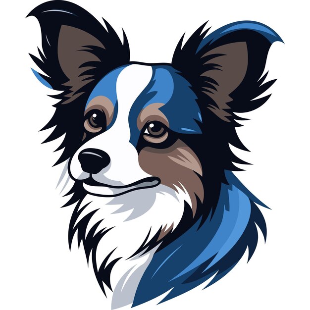 Vector cute cartoon illustration of a papillon dog with blue and white fur