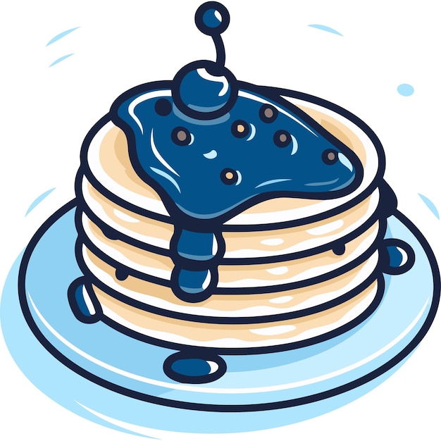 Vector cute cartoon illustration of a stack of pancakes topped with blueberry sauce and a cherry