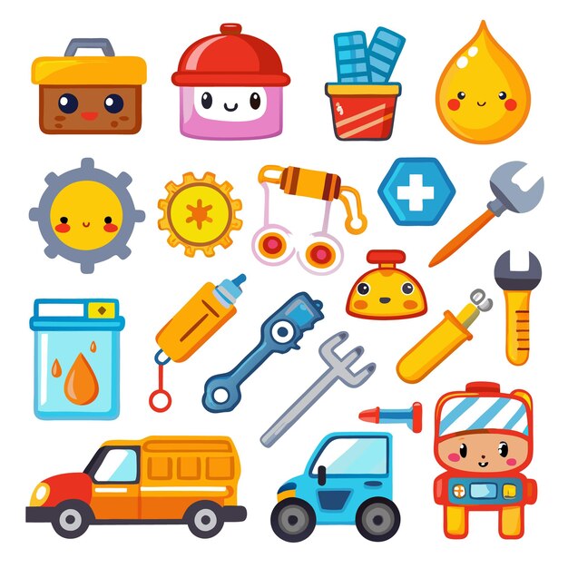 Cute cartoon illustration of various car parts and transportation objects