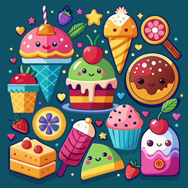 Cute cartoon illustration of various delicious desserts including cakes cupcakes ice cream and donuts