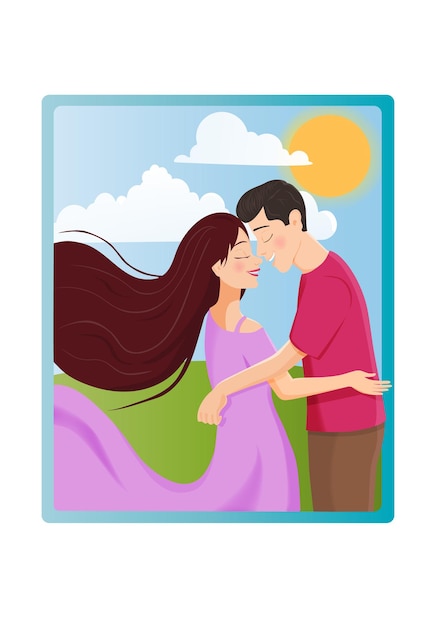 Cute cartoon illustration of young woman and man in love, hugging