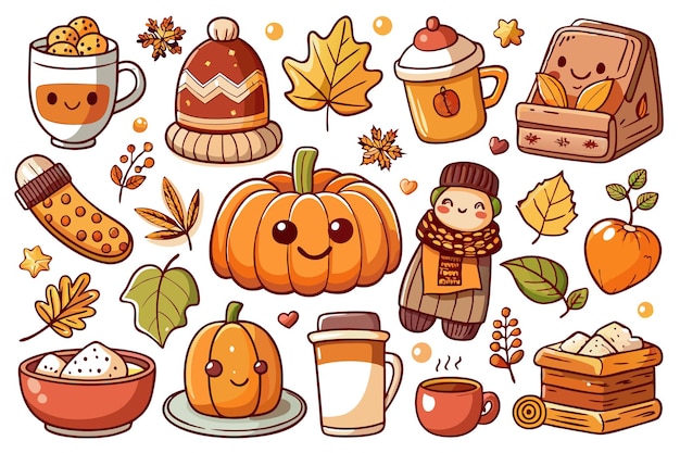 Vector cute cartoon illustrations of autumn icons like pumpkins leaves coffee cups and a winter hat