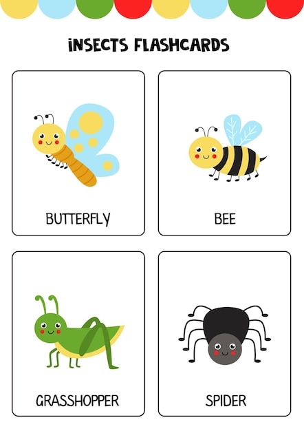 Cute cartoon insects with names Flashcards for children