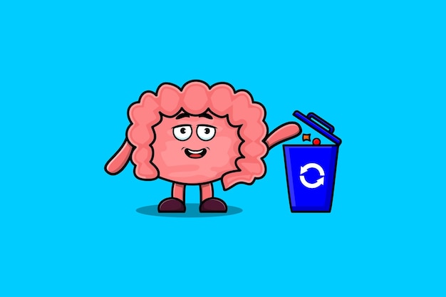 Cute cartoon Intestine throwing trash in the trash in flat modern style design illustration