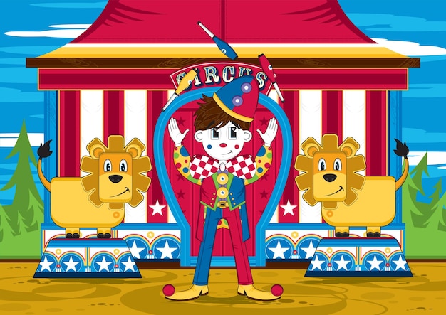 Cute Cartoon Juggling Big Top Circus Clown Character with Lions